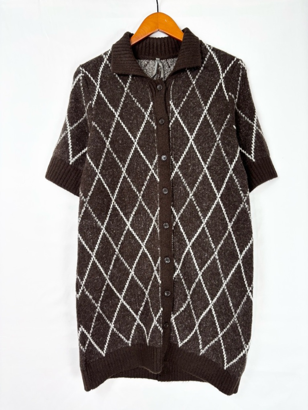 NEW Anthropologie Rhinestone Sweater Shift‎ Dress Brown Ivory Argyle Size S